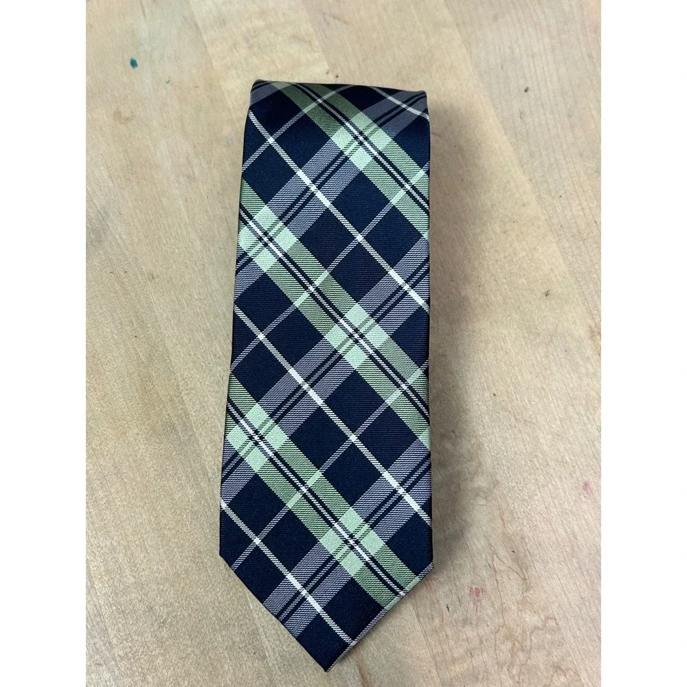 Tommy Hilfiger Necktie Men OS Navy Green Positano Plaid Silk‎ Classic Preppy New